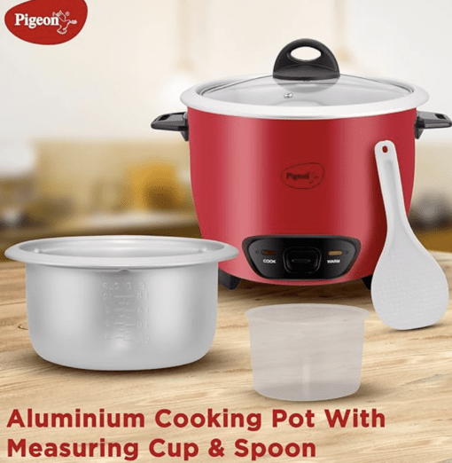 Pigeon by Stovekraft Ruby Rice Cooker with Single pot, 1.8 litres.(Red) | Toughened Glass Lid | 700 Watts | 2 Aluminium Cooking Pot | Measuring Cup| Spatula | Energy Efficient Cooking - Image 2
